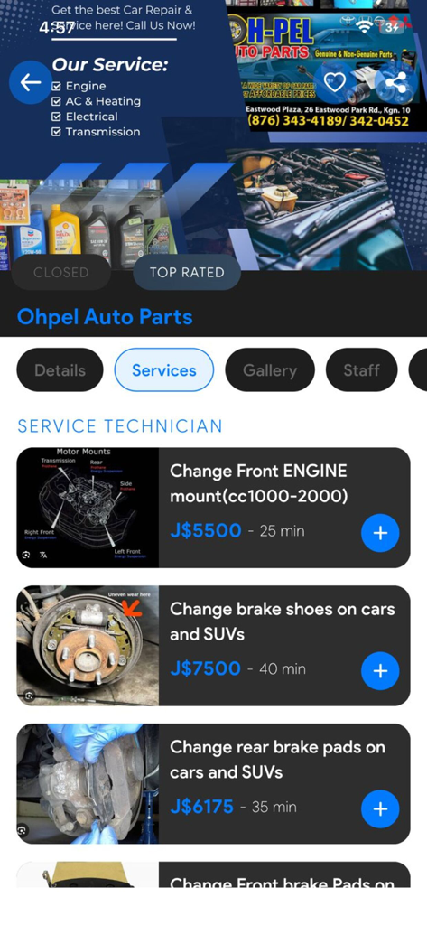 Écran de l'application Mechanic Connect montrant une liste des services de réparation automobile avec des prix transparents et des délais d'achèvement estimés.