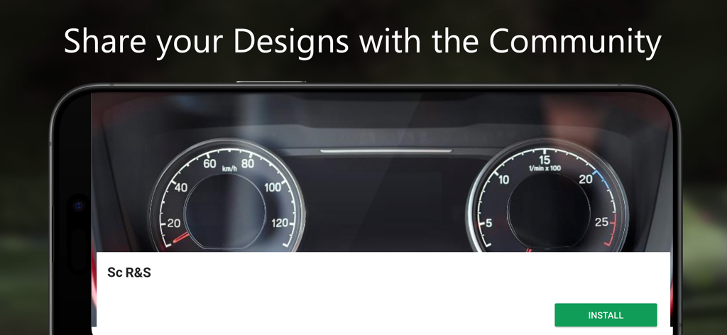 SIM-Dashboard - A smartphone screen showing a custom truck simulation dashboard design with the text share your designs with the community