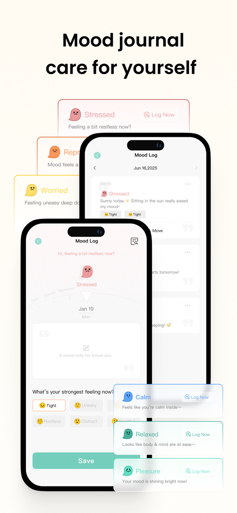 MoodyWatch-Track Stress Levels - Mood log interface in the MoodyWatch app featuring emotional status selections and journaling
