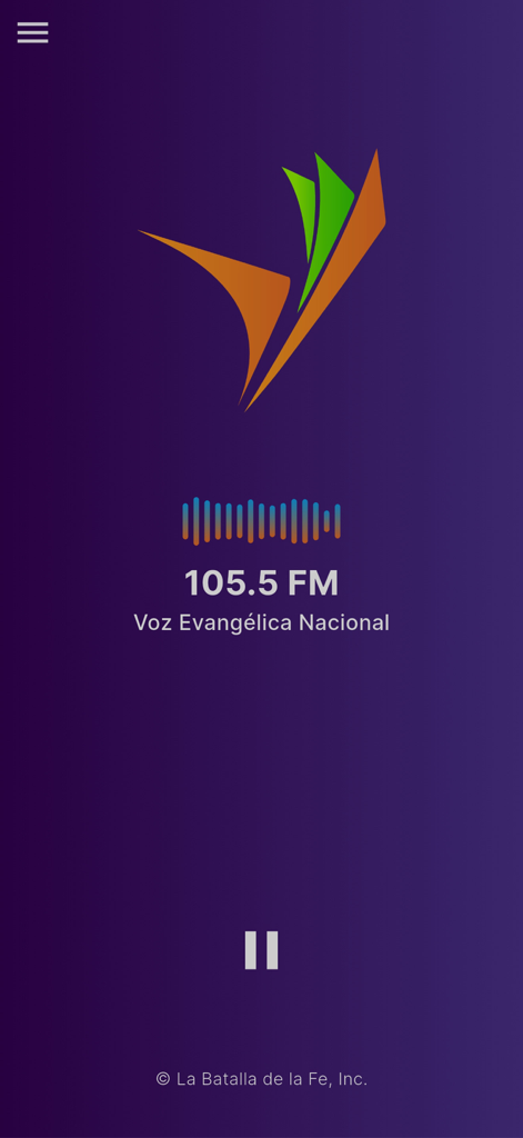 Interfaz de transmisión en vivo de Radio VEN 105.5 FM mostrando el logo de Voz Evangelica Nacional y el botón de pausa
