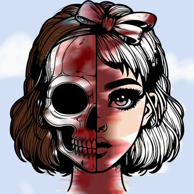 realistic girl with half skull mask