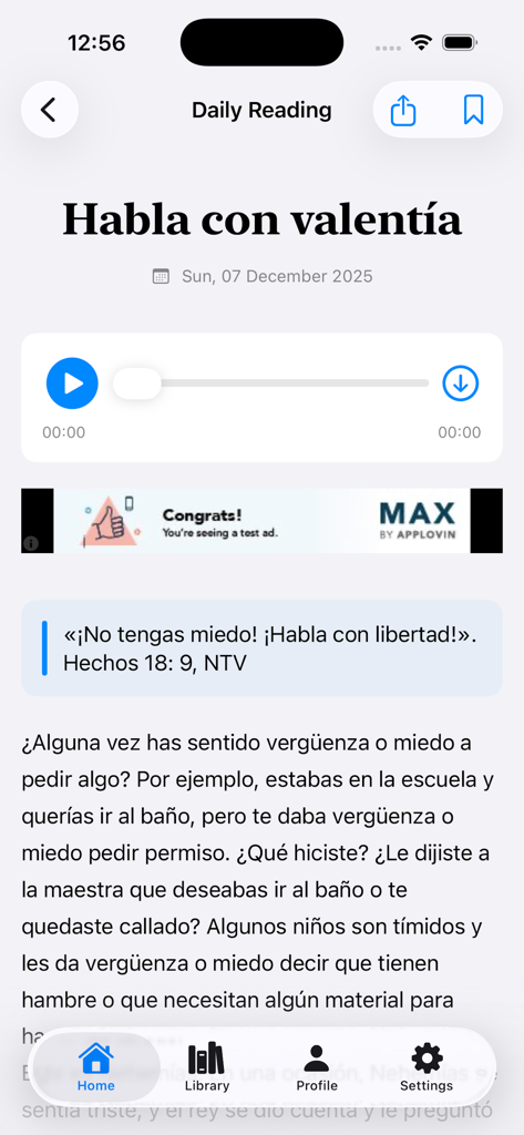 Devocion Matutina - Devocion Matutinaアプリの毎日の読書画面、オーディオプレーヤーと黙想テキストが表示されている