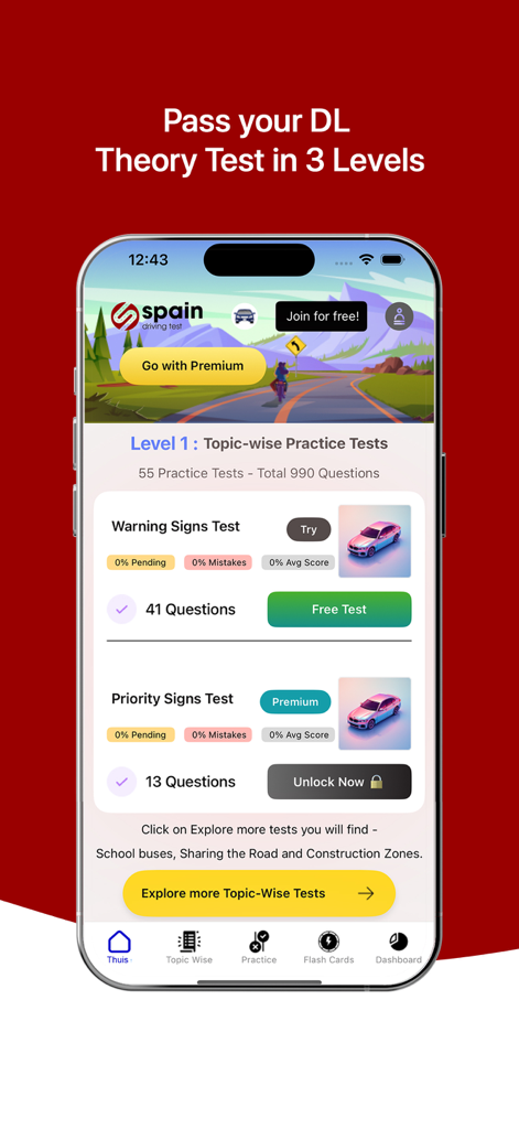 Interface of Spanish Driving Licence Test app showing Level 1 topic-wise practice tests for traffic signs
