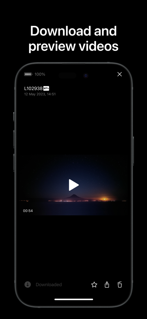 Leica FOTOS app interface showing a video preview of a mountain landscape at night