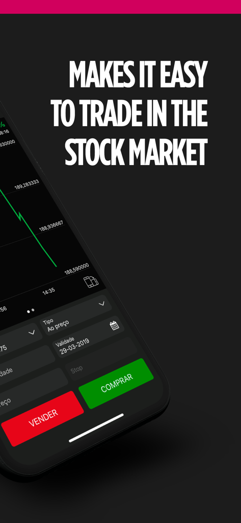 MTrader - Interfaz de la aplicación móvil MTrader que muestra un gráfico de precios de acciones con botones de compra en verde y venta en rojo
