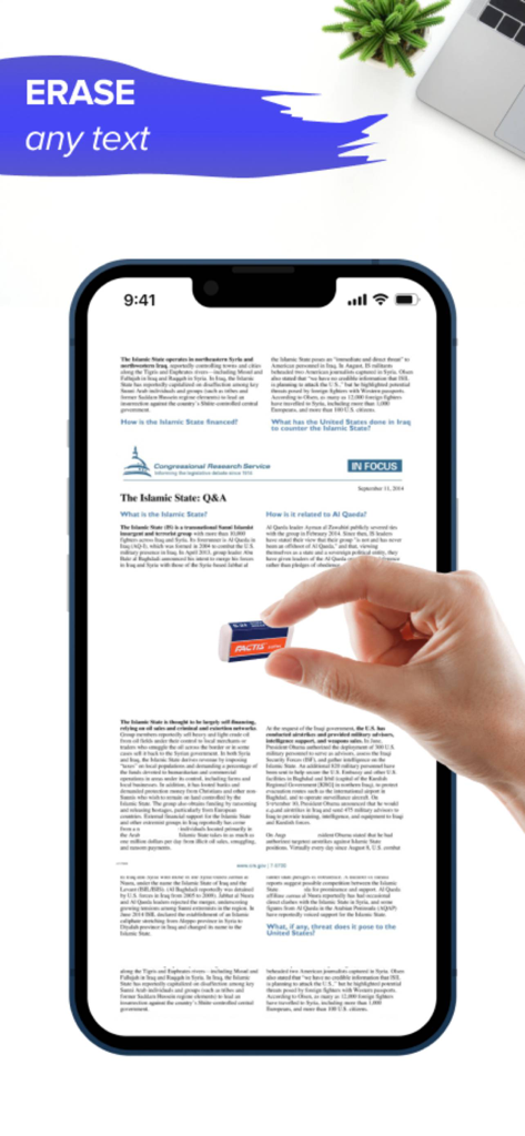 Clear Scanner app interface showing a user erasing text from a scanned document