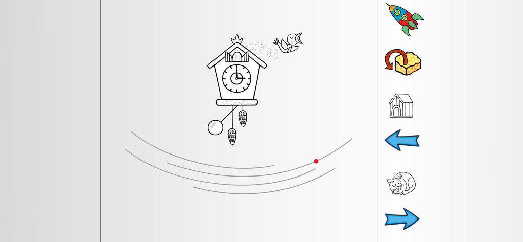 Graphomotor Skills - Bildschirm einer Lern-Handschrift-App, der eine Übung zum Nachzeichnen mit einer Kuckucksuhr und geschwungenen Linien zeigt