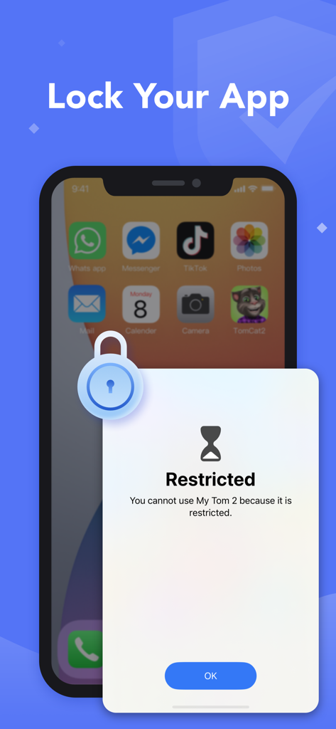 App Lock, Blocker & Controller - Pantalla del iPhone mostrando una notificación de aplicación restringida con un icono de candado y un botón OK