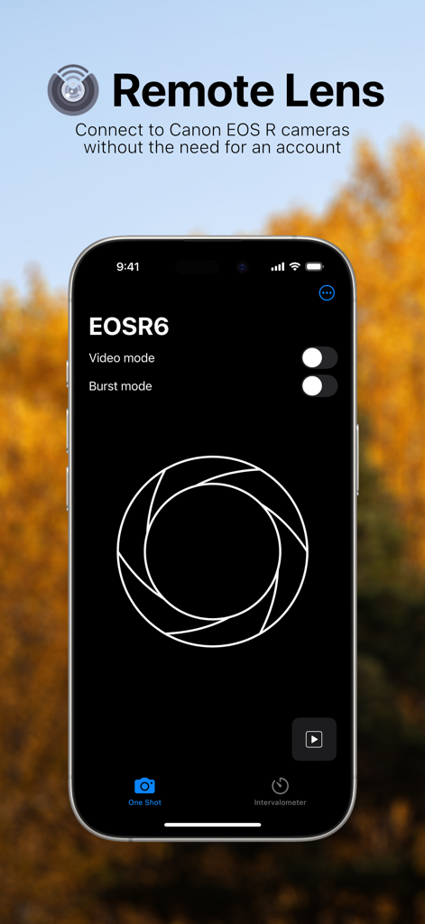 Remote Lens - Remote Lens app interface showing camera controls for a Canon EOS R6 including video and burst mode toggles