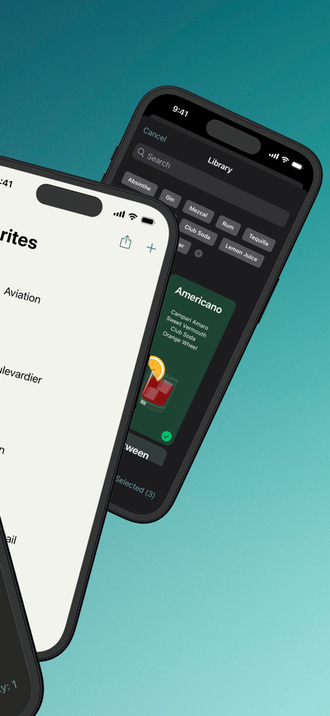 Mixology: The Last Word - 믹솔로지: 라스트 워드 앱 인터페이스에 아메리카노 레시피가 포함된 다크 모드 칵테일 라이브러리와 라이트 모드 즐겨찾기 목록이 표시됩니다.