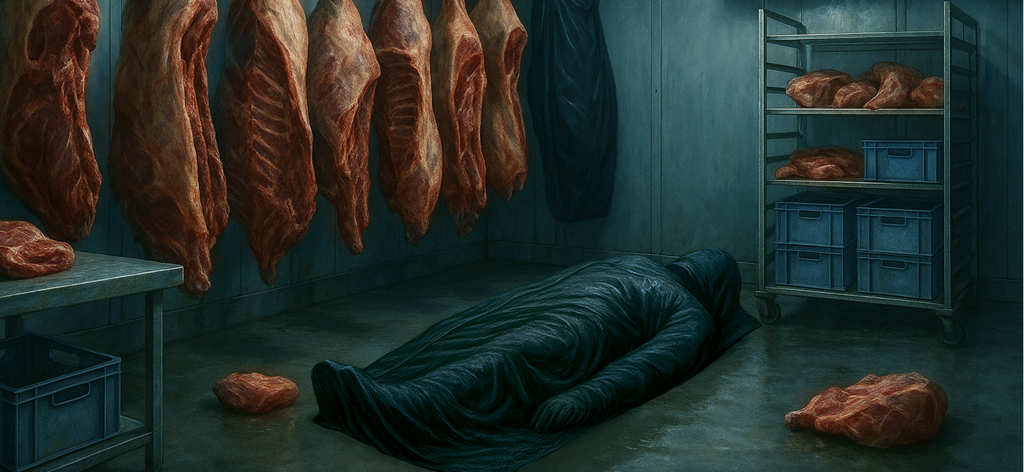 Ein dunkler Tatort in einem Fleischkühlraum, der eine verhüllte Leiche auf dem Boden zeigt, umgeben von hängenden Kadavern.