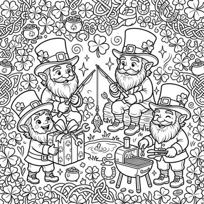 Unearth a pot of gold and a whole lot of fun with this unique Father's Day coloring page! Watch as charming leprechauns celebrate dads with fishing, grilling, and special gifts, creating a delightful scene perfect for honoring father figures.