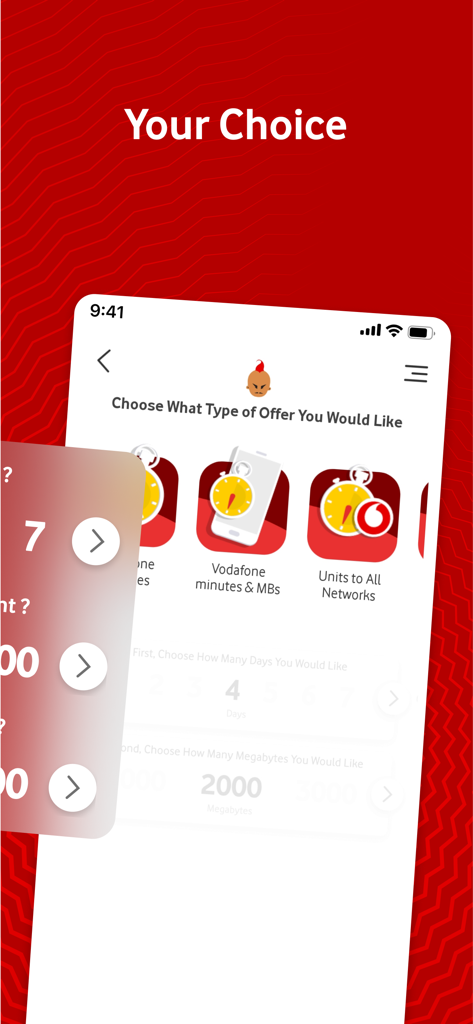 Ana Vodafone app screen showing options to choose personalized mobile offers for minutes and data