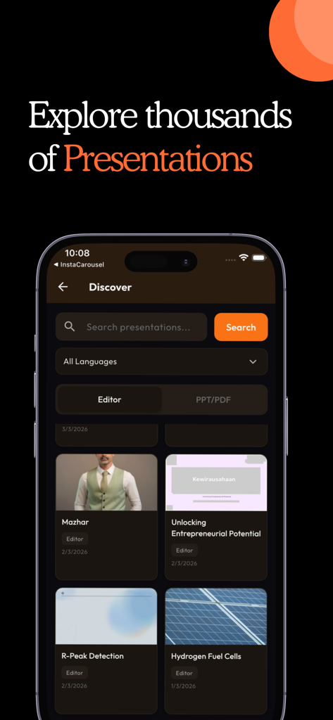 MagicSlides AI - Interface de l'application MagicSlides IA montrant l'écran Découvrir avec une barre de recherche et une galerie de modèles de présentation