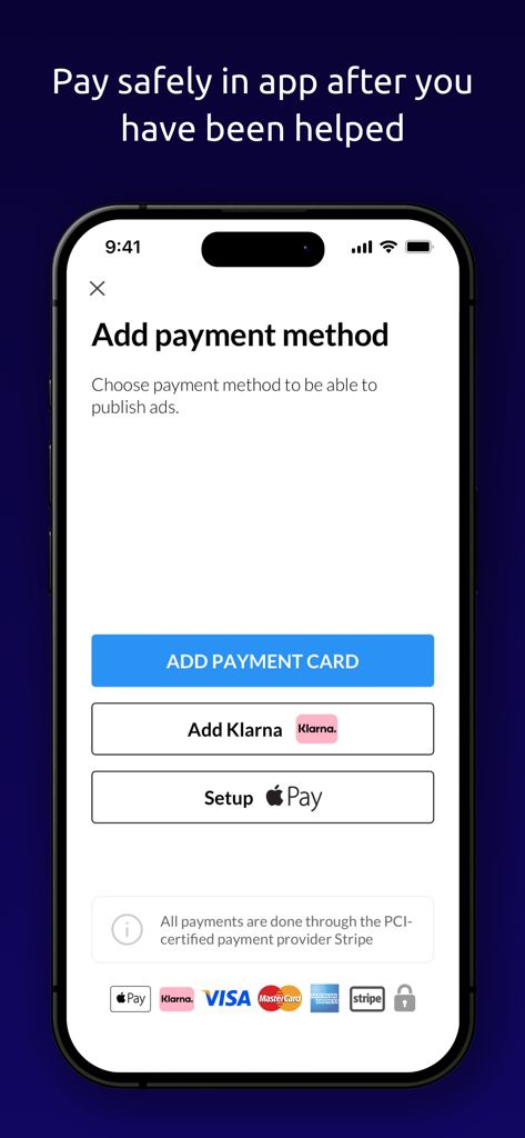 Tiptapp: Moves & Disposals - Tiptapp mobile app screen showing options to add a payment card Klarna or Apple Pay
