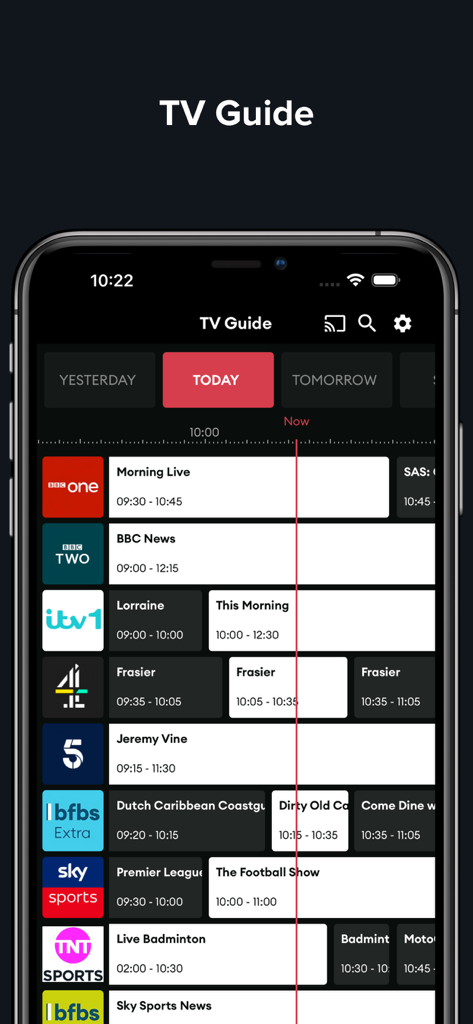 A TV guide screen on the BFBS Player app displaying live schedules for British television channels like BBC One and ITV