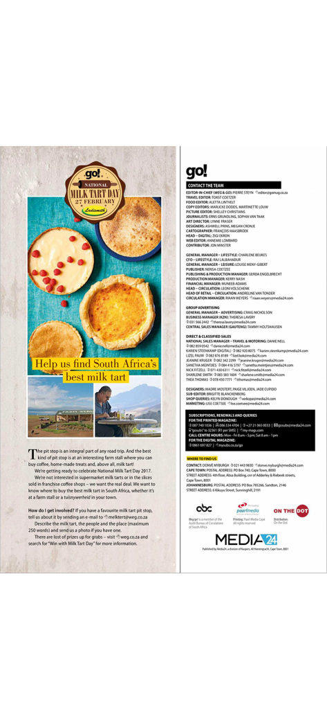 Digital page of Go! Magazine featuring an article about South African milk tarts and the editorial team contact list.