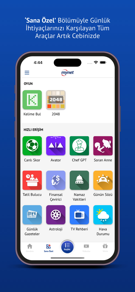 Mynet Haber app interface showing personalized tools including games, financial converter, and prayer times.