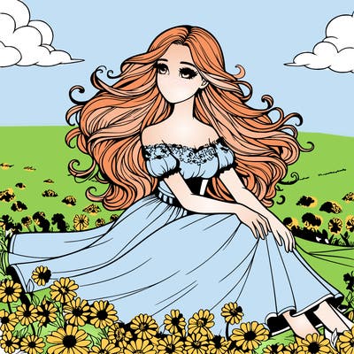 a realistic girl sitting in flowery fields in a gorgeous dress with a wind blowing in her hair