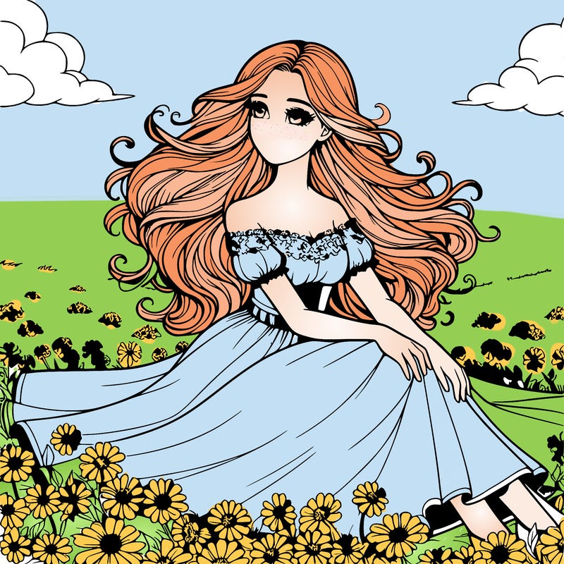 a realistic girl sitting in flowery fields in a gorgeous dress with a wind blowing in her hair
