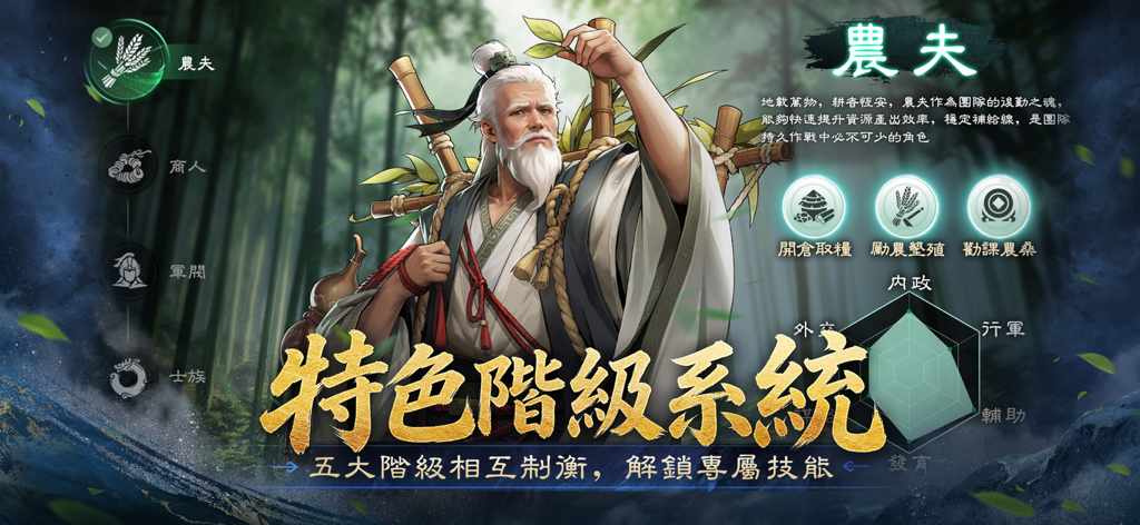 三國志:王戰 - Interfaccia che mostra il personaggio Contadino e i dettagli dell'unico sistema di classi in Three Kingdoms Kings War
