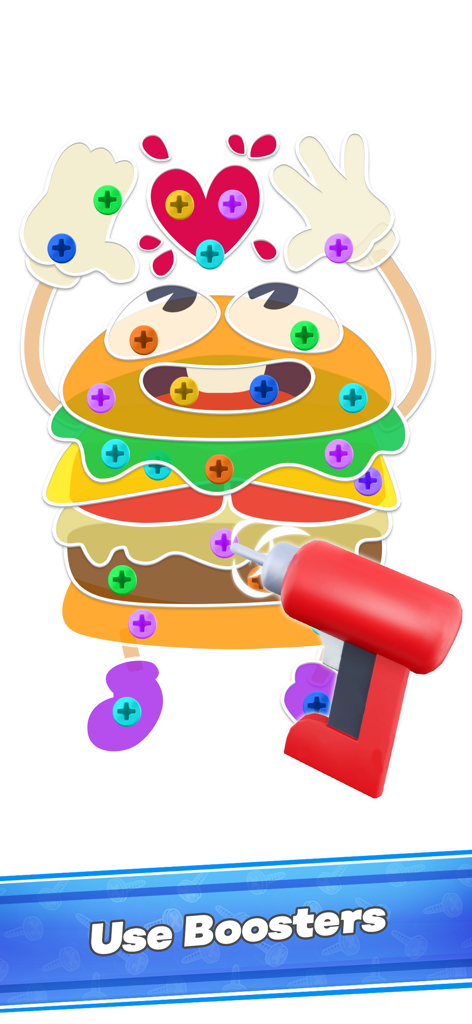 Screw Jam:  Puzzle Challenge - A red power drill unscrewing colorful pins from a cartoon burger character in Screw Jam puzzle game.