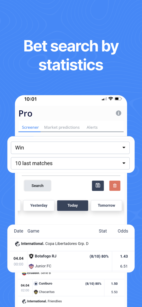 TIPSTOP: Sports Betting Tips - TIPSTOP app interface showing bet search by statistics with game odds and prediction percentages