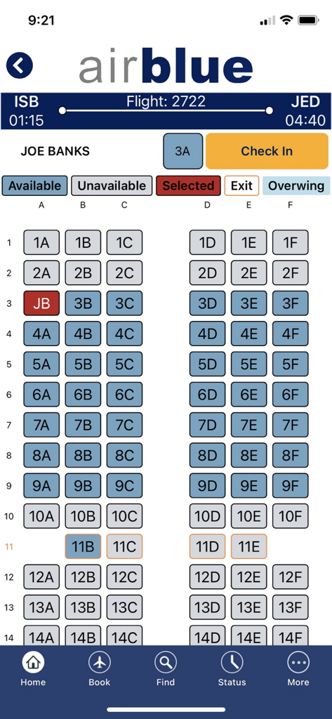 Airblue - Pantalla de la aplicación móvil Airblue que muestra un mapa de asientos de vuelo y opciones de check-in