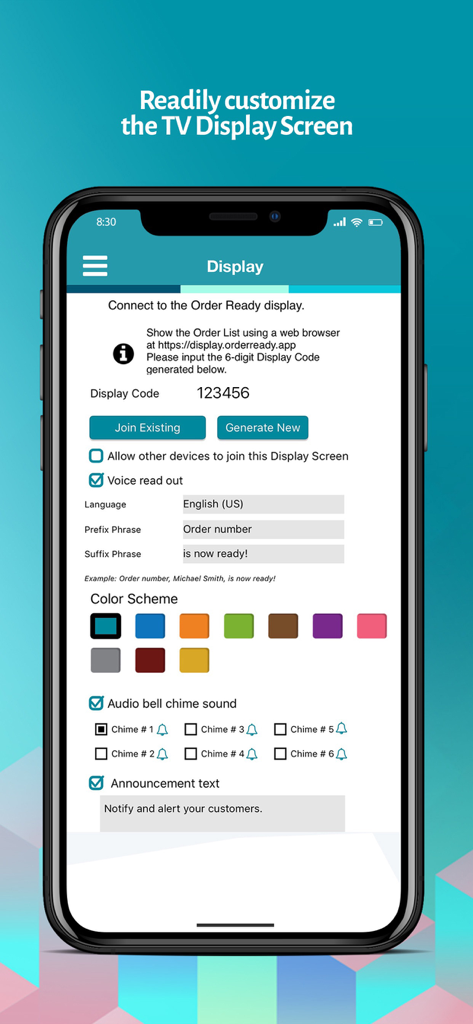Interface de l'application OrderReady sur un iPhone montrant les paramètres d'affichage TV, y compris les schémas de couleurs de la lecture vocale et les options de carillon audio