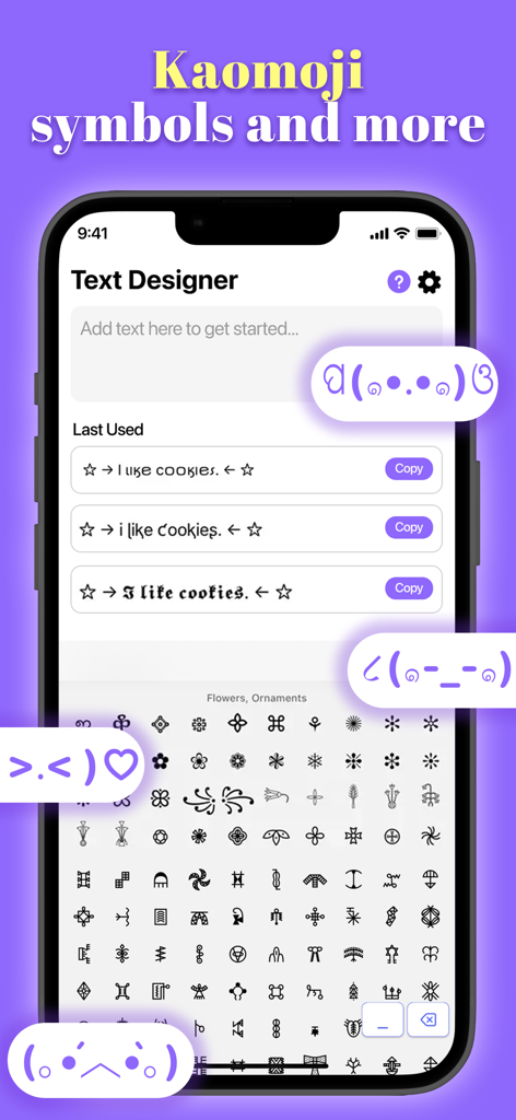 Text Designer - Font Keyboard - Text Designer app interface on an iPhone displaying various font styles, ornamental symbols, and cute kaomoji characters