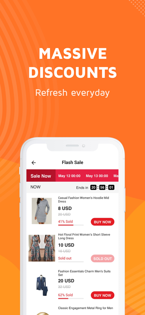 Interfaccia dell'app mobile KiKUU che mostra vendite lampo quotidiane e sconti massicci su prodotti di moda