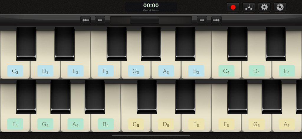 Keys: Organ, Piano, Percussion - A virtual piano interface showing a double keyboard layout with C-D-E note labels on the keys.