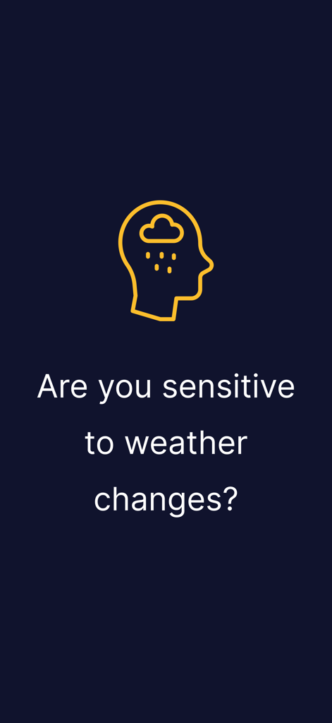 Meteoagent - Meteoagent app screen with a yellow head icon containing a rain cloud and the question Are you sensitive to weather changes