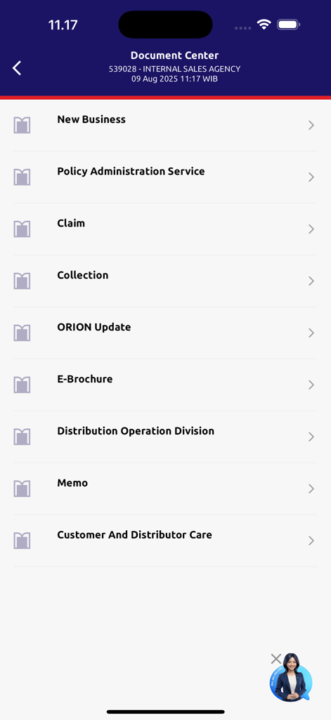 ORION by MSIG Life - ORION app document center showing menu options for insurance agents including new business claims and brochures