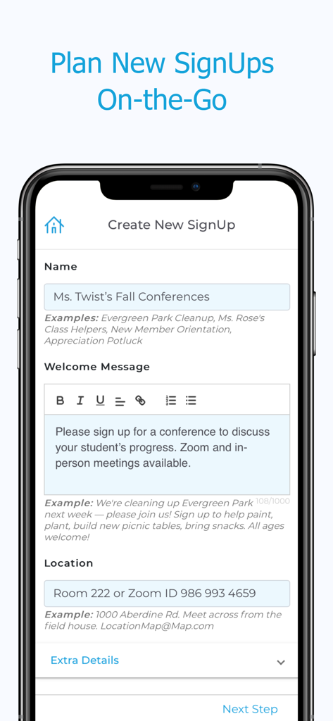 Screen showing the process of creating a new event or activity in the Sign Up app