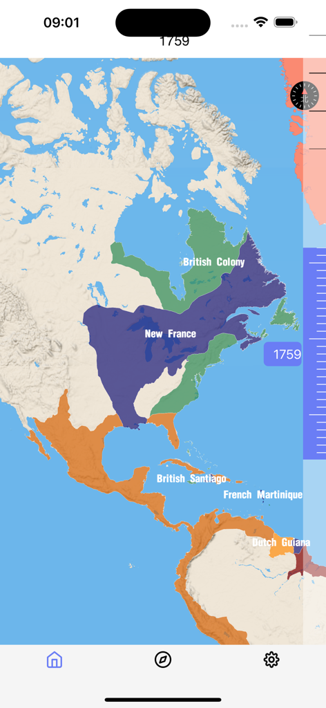 Historical map of North America in 1759 showing colonial territories of France and Britain