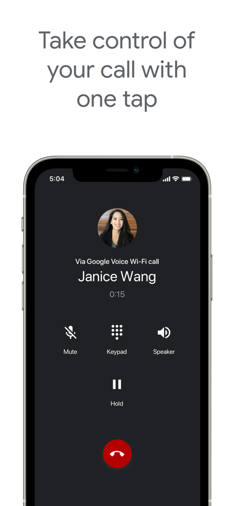 Active Wi-Fi call screen in the Google Voice app showing call controls like mute and speaker.