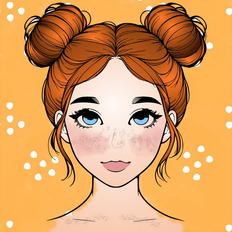 realistic girl with two buns on top of her head