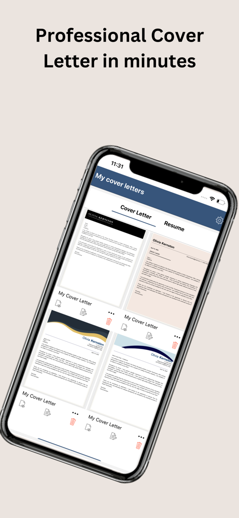 Um smartphone exibindo o aplicativo Cover Letter Creator com vários modelos profissionais para candidatos a emprego