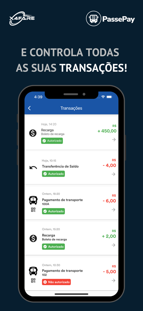 PassePay - Pantalla de la aplicación PassePay mostrando una lista de pagos recientes de tarifas de autobús y recargas de cuenta.