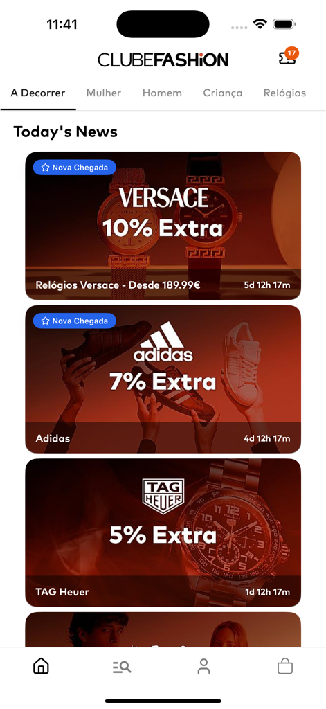 Interfaz de la aplicación móvil Clubefashion que muestra campañas de venta flash actuales para marcas premium como Versace y Adidas