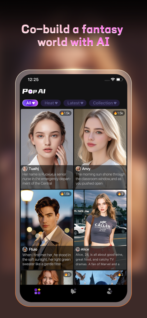 A mobile app interface displaying a variety of realistic AI characters available for chat and roleplay