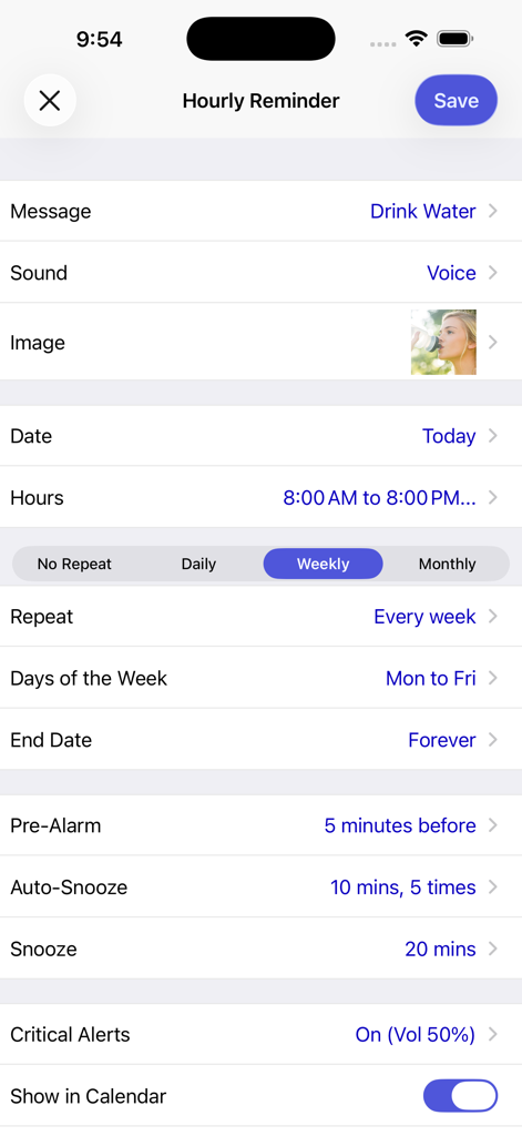 Configuración de recordatorio por horas para beber agua con alertas de voz y configuraciones de posposición personalizadas