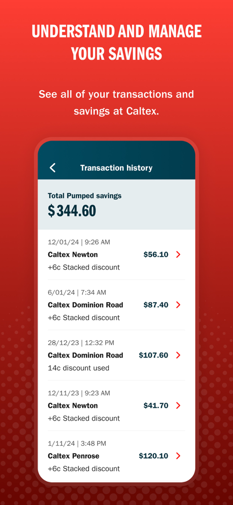 Caltex NZ app transaction history screen showing total fuel savings and past fuel purchases