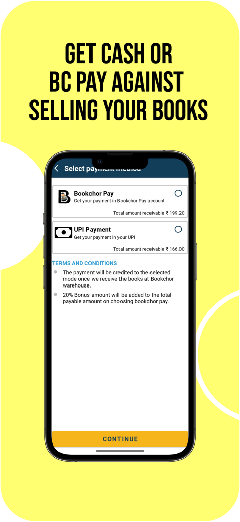 DUMP app screen for selecting payment method between Bookchor Pay and UPI for sold books