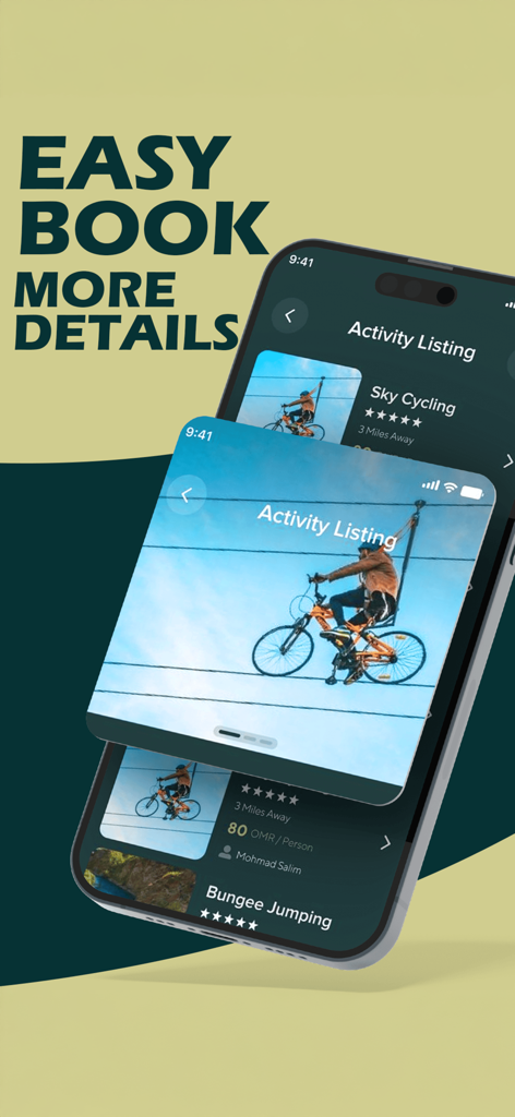 Safarjala - オマーンでのスカイサイクリングやバンジージャンプのオプションを表示するSafarjalaアプリのアクティビティリスト
