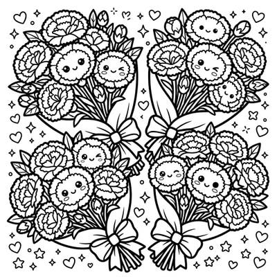 Dive into a world of cuteness with these delightful Kawaii carnation bouquets, each bloom featuring an adorable face. This charming coloring page offers a sweet escape, ready for your creative touch and vibrant colors.