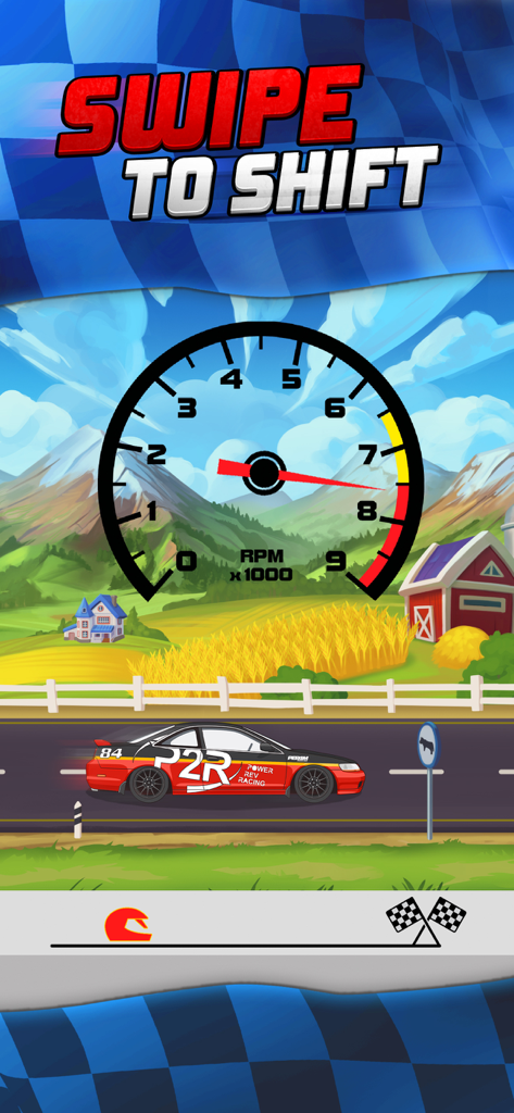P2R Power Rev Racing - Gameplay screenshot of P2R Power Rev Racing showing a red race car on a track with a large tachometer and Swipe to Shift instructions