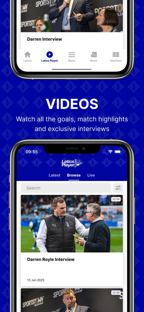 Oldham Athletic AFC - Sección de vídeos de la aplicación Oldham Athletic AFC mostrando resúmenes de partidos y entrevistas exclusivas en Latics Player