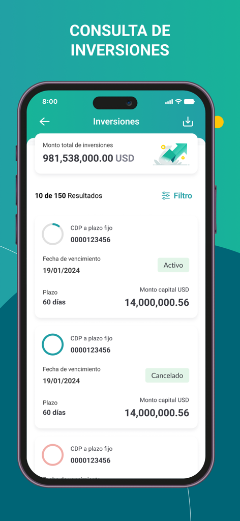 Bolivariano Empresas - Bolivariano Empresas app investment inquiry screen showing total portfolio balance and fixed term deposit details in USD